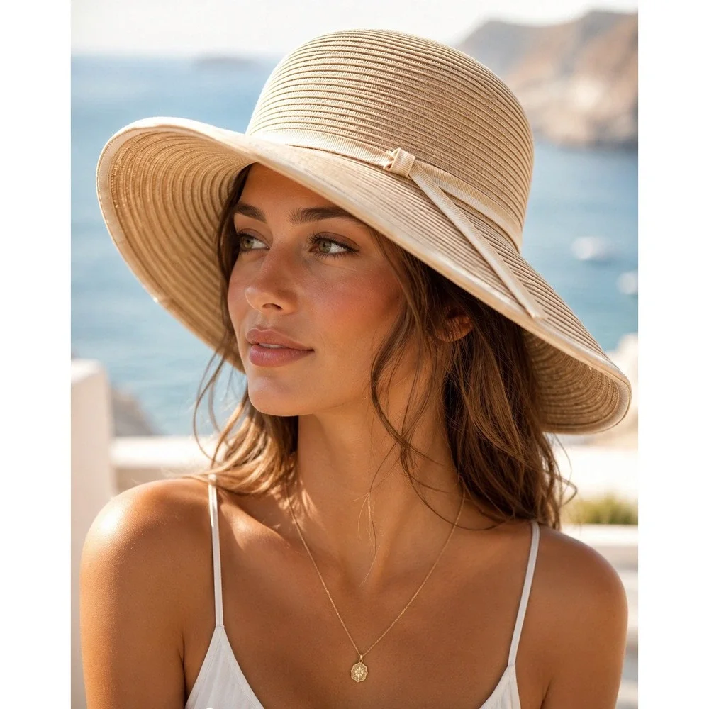 San Diego Hat Co Tan White Striped Grosgrain Wide Brim Sun Hat Packable Beach